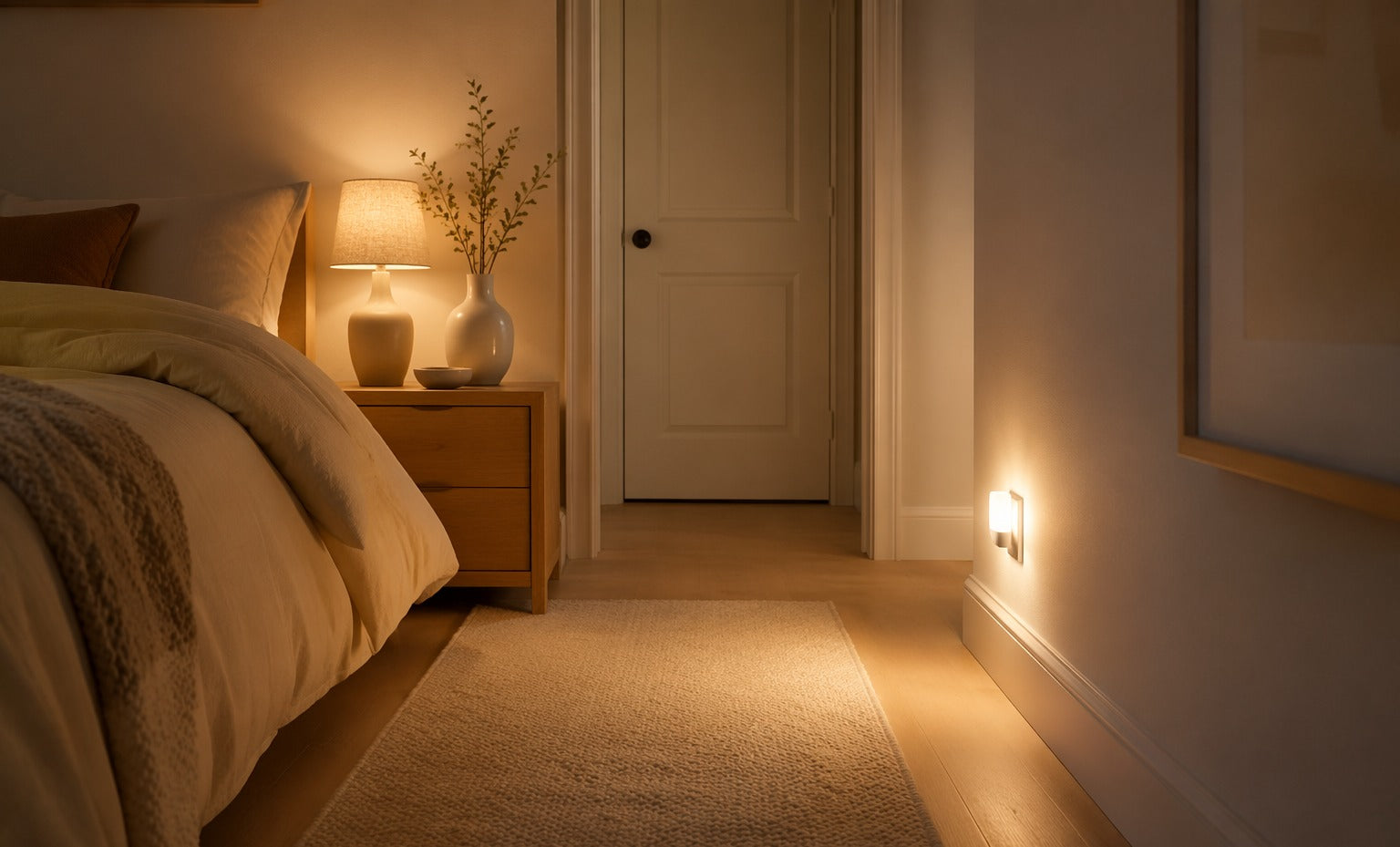 Nachtlampje verlicht het pad van bed naar deur in een slaapkamer
