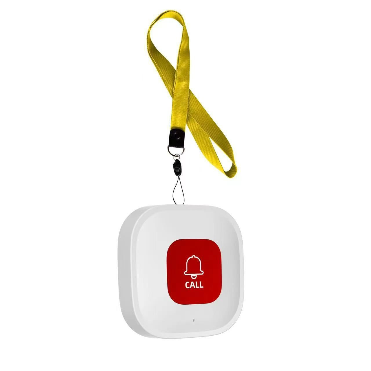 Noodknop met gele lanyard om om de nek te dragen, productfoto