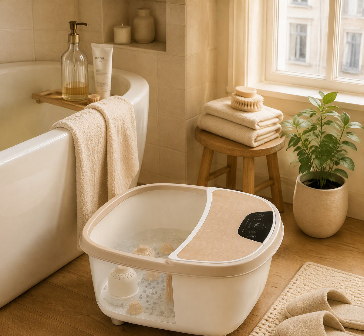 Verwarmd voetmassagebad in crème met bruisend water in een warme, lichte badkamer met handdoeken en een plant