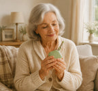 Senior houdt pastelgroene oplaadbare handwarmer vast in warme woonkamer — SeniorSlim huisstijl