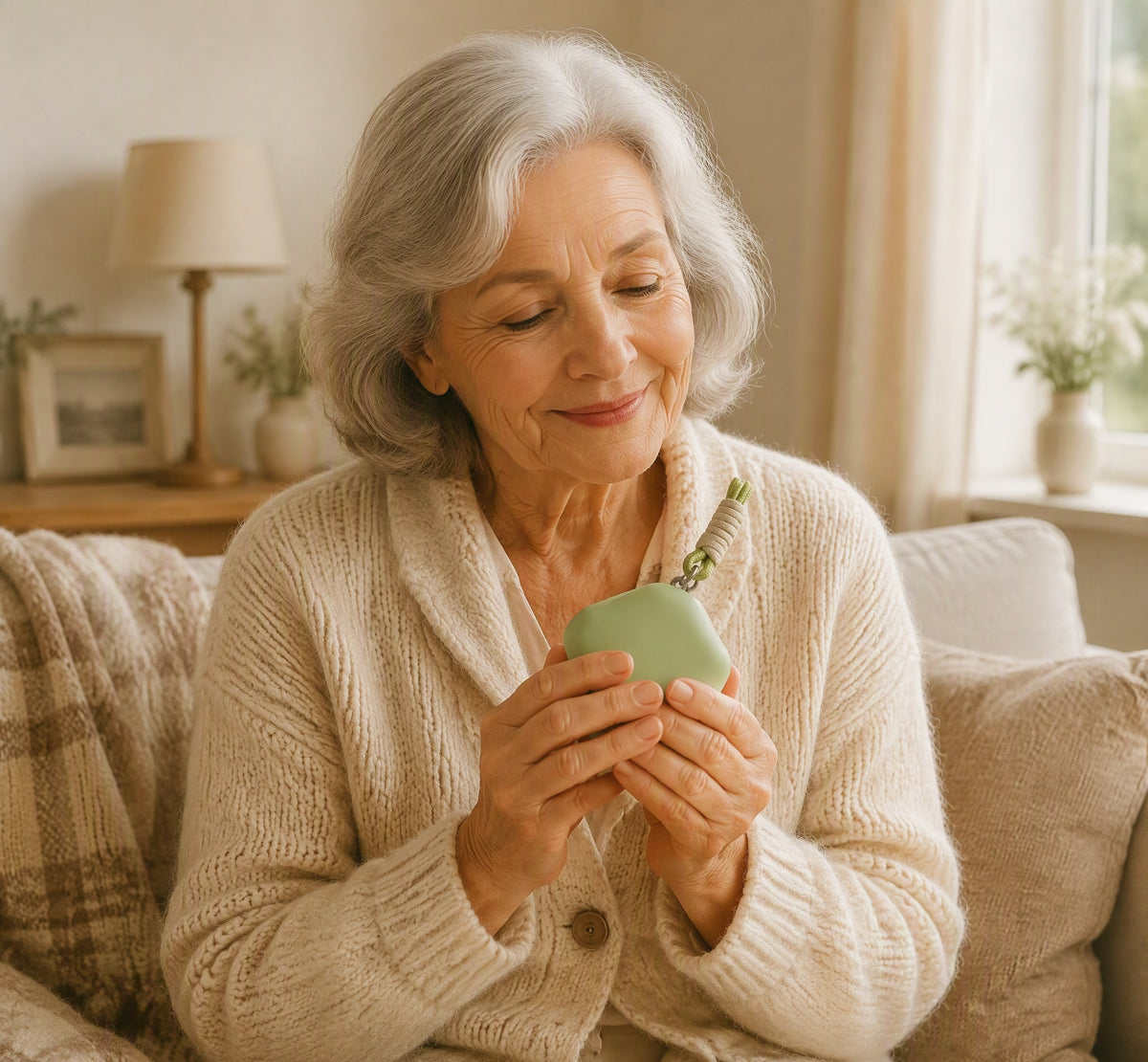 Senior houdt pastelgroene oplaadbare handwarmer vast in warme woonkamer — SeniorSlim huisstijl