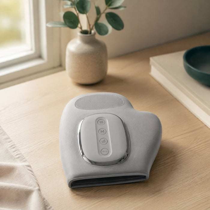 Handmassage-apparaat in lichtgrijs op een licht eiken bureau bij het raam