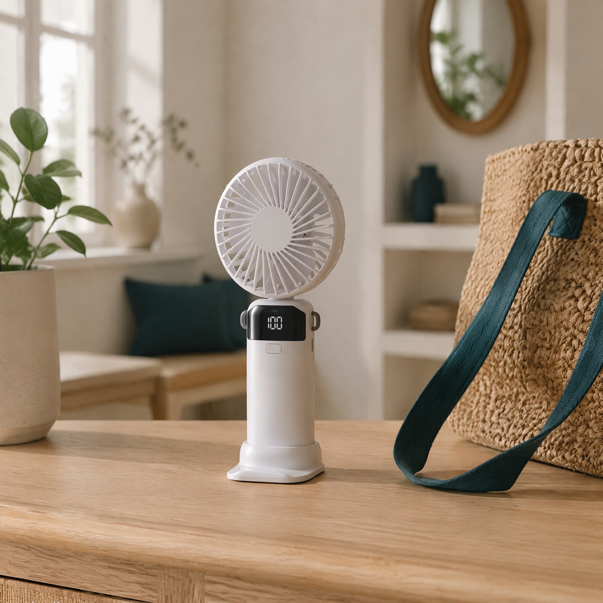 Opvouwbare handventilator in wit op een sidetable naast een geweven rieten tas