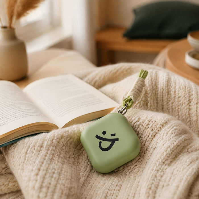 Oplaadbare handwarmer in pastelgroen op een gebreid crème plaid naast een open boek