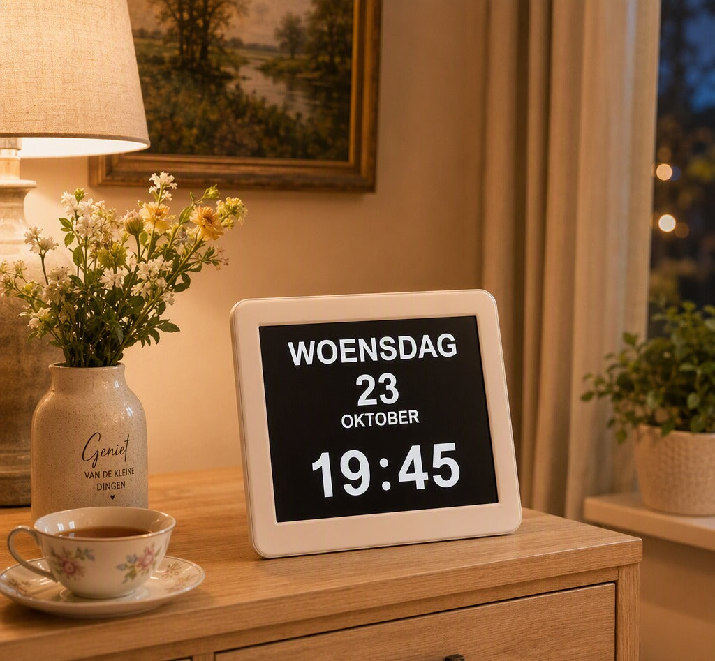 Kalenderklok met medicijnalarm in warme woonkamer — huisstijl