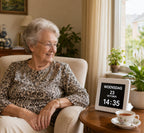 Senior dame kijkt glimlachend naar de kalenderklok met dag, datum en tijd op het bijzettafeltje
