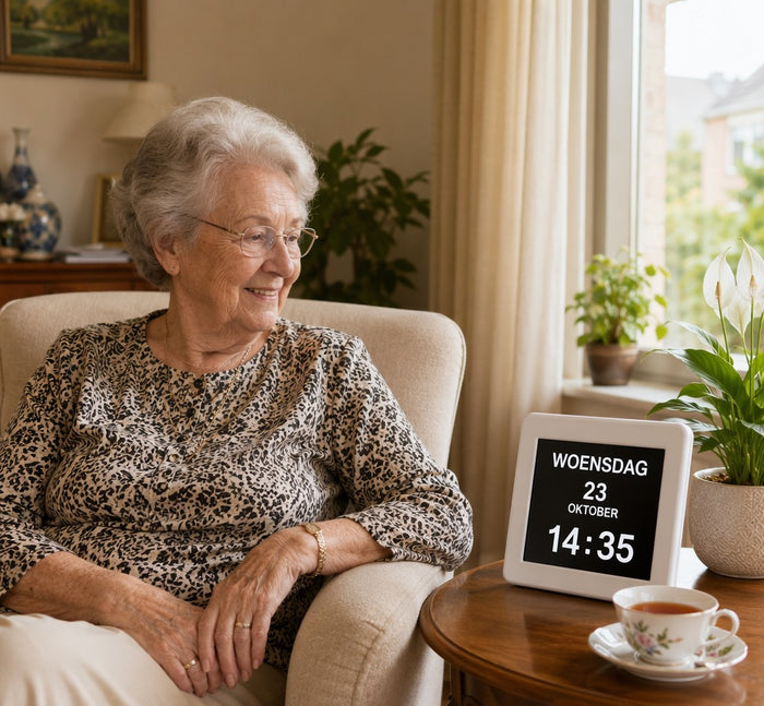 Senior dame kijkt glimlachend naar de kalenderklok met dag, datum en tijd op het bijzettafeltje