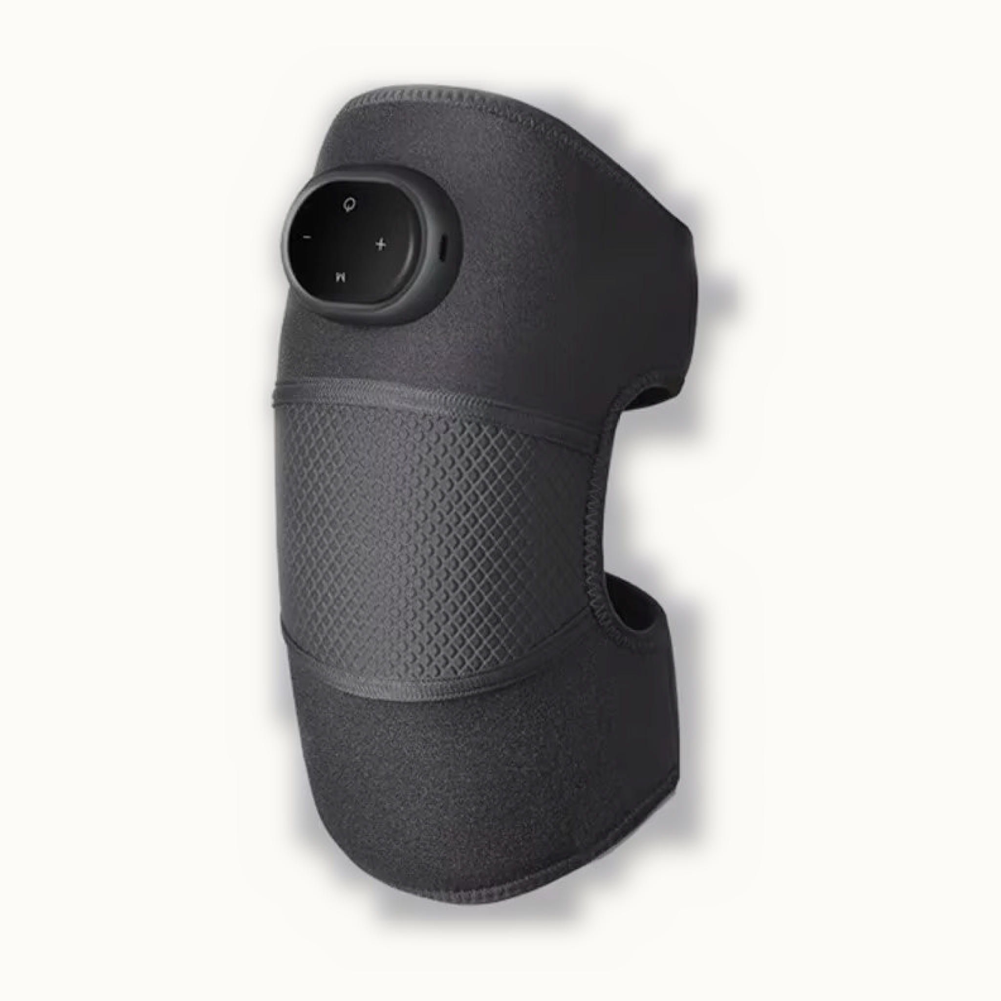 Verwarmde kniebandage in antraciet met digitaal display — productfoto op crème achtergrond