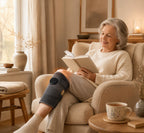 Senior dame ontspant in warme woonkamer met verwarmde kniebandage — SeniorSlim huisstijl
