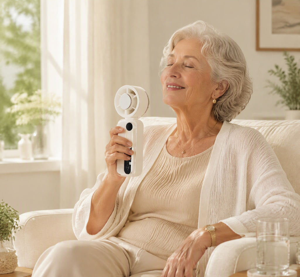 SeniorSlim handventilator met ijskoele koelplaat — warme huisstijl sfeerbeeld
