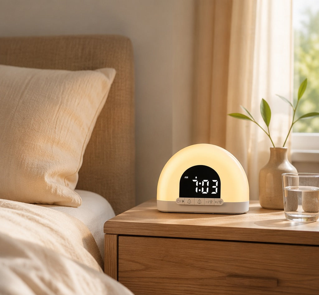 Lichtwekker met warme gloed op een houten nachtkastje
