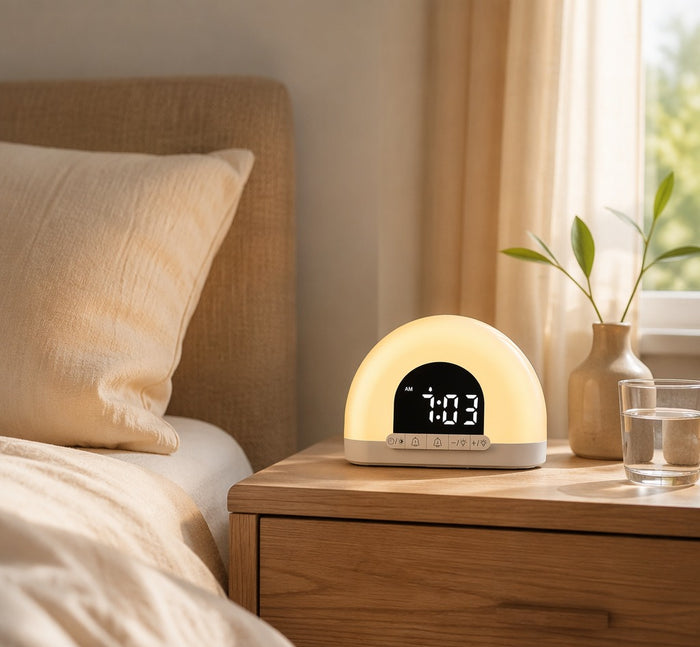Lichtwekker met warme gloed op een houten nachtkastje