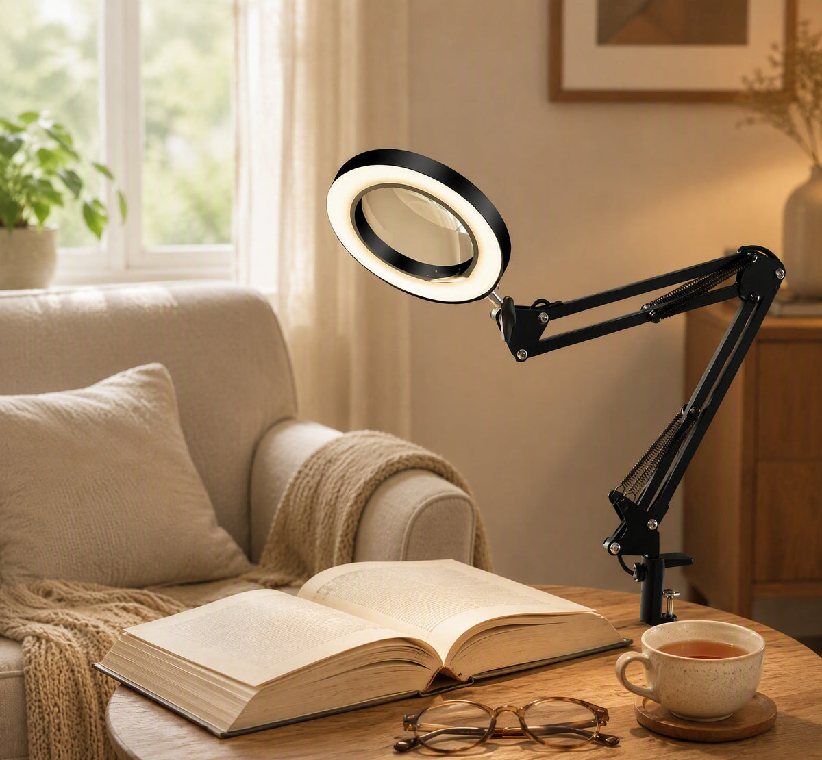 LED-loeplamp handsfree op houten tafel met boek, bril en thee — warme crème huisstijl