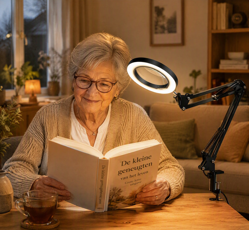 Vrouw leest ontspannen een boek met de LED-loeplamp met klem — warme huisstijl