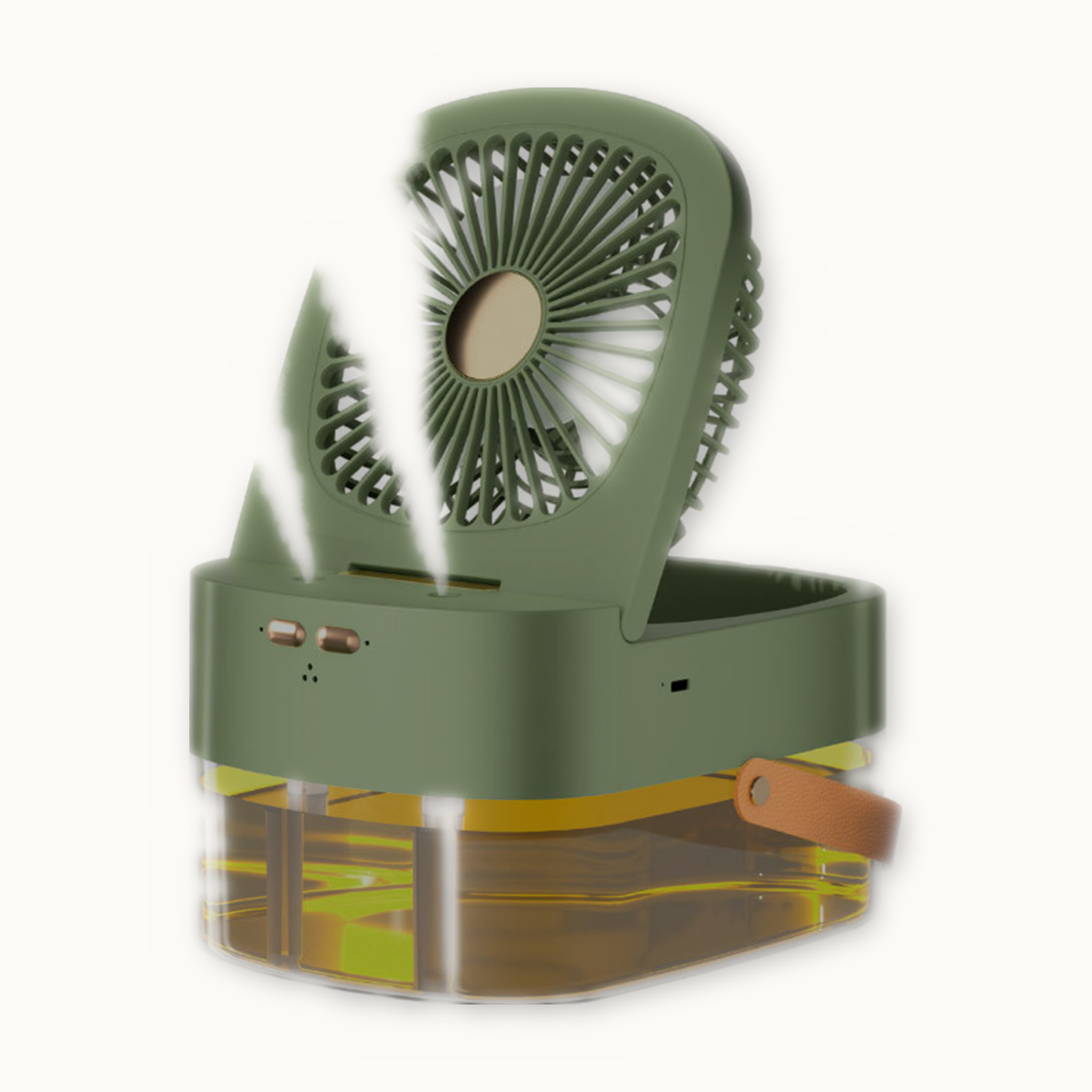 Mini luchtkoeler in saliegroen met subtiele mist — productfoto op crème achtergrond