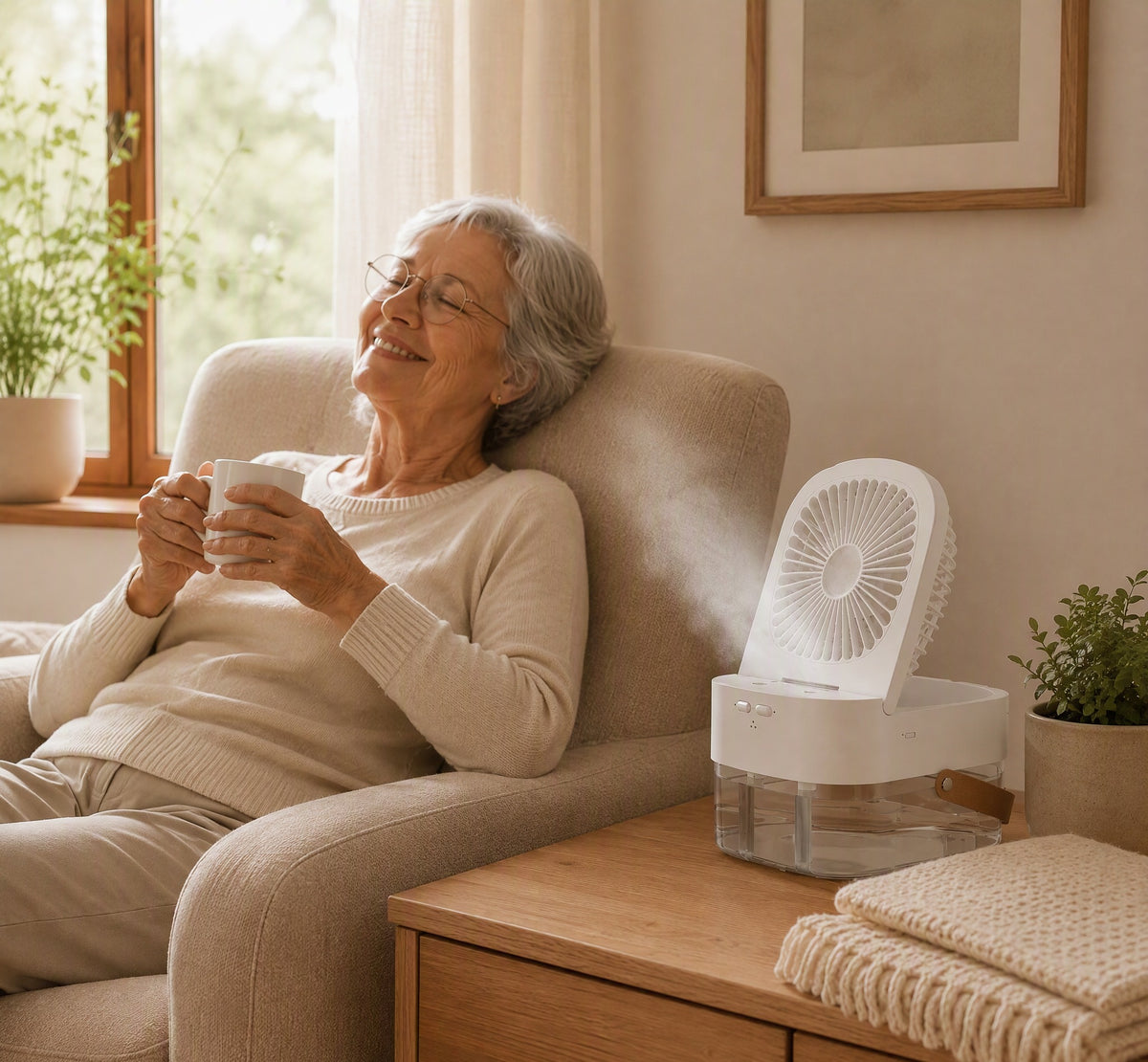 Mini luchtkoeler op houten dressoir — warme woonkamer, seniorslim huisstijl