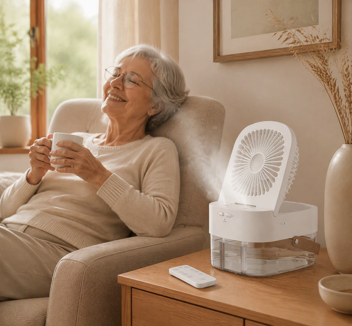 Mini luchtkoeler met afstandsbediening in warme woonkamer — SeniorSlim huisstijl