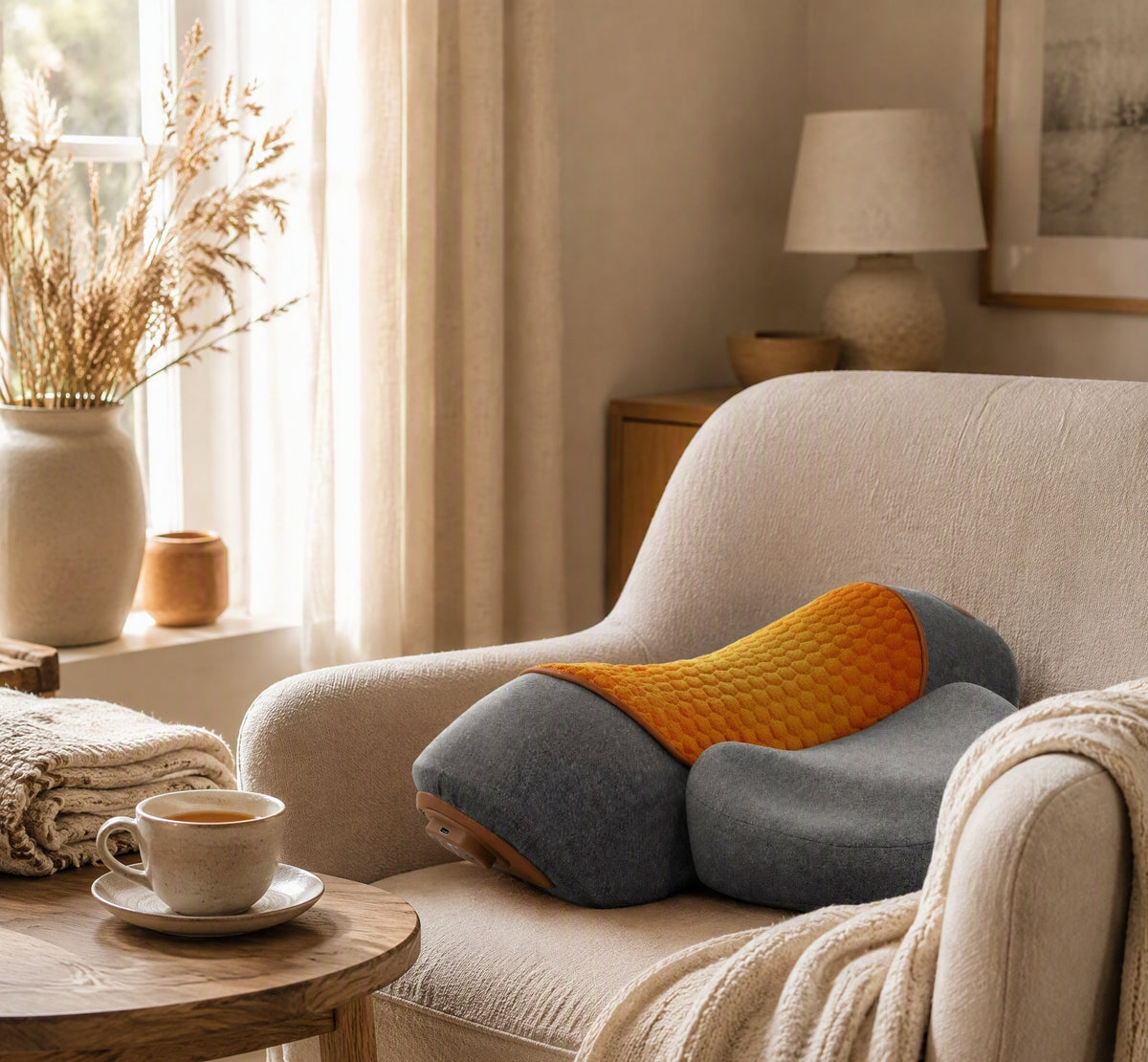 Massagekussen voor nek en rug op een beige fauteuil in een warme woonkamer