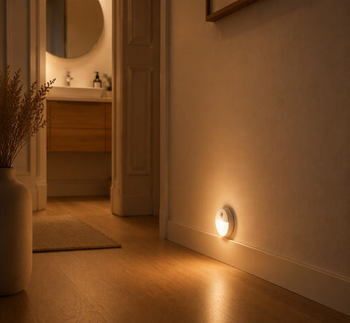 Bewegingssensor nachtverlichting — zacht licht in de hal richting de badkamer