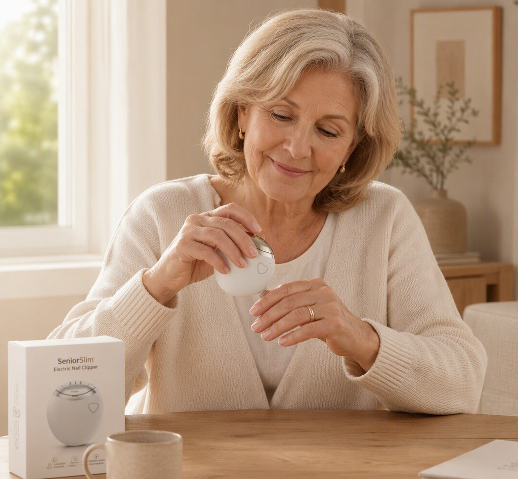 Elektrische nagelknipper in gebruik aan tafel — warme SeniorSlim sfeer