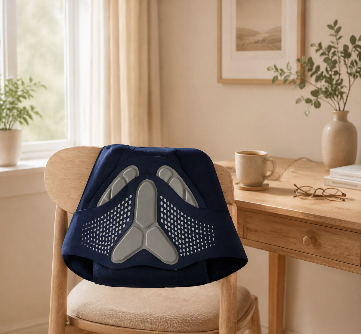 Lendesteun-bandage met warmte op stoel in warme woonkamer — SeniorSlim