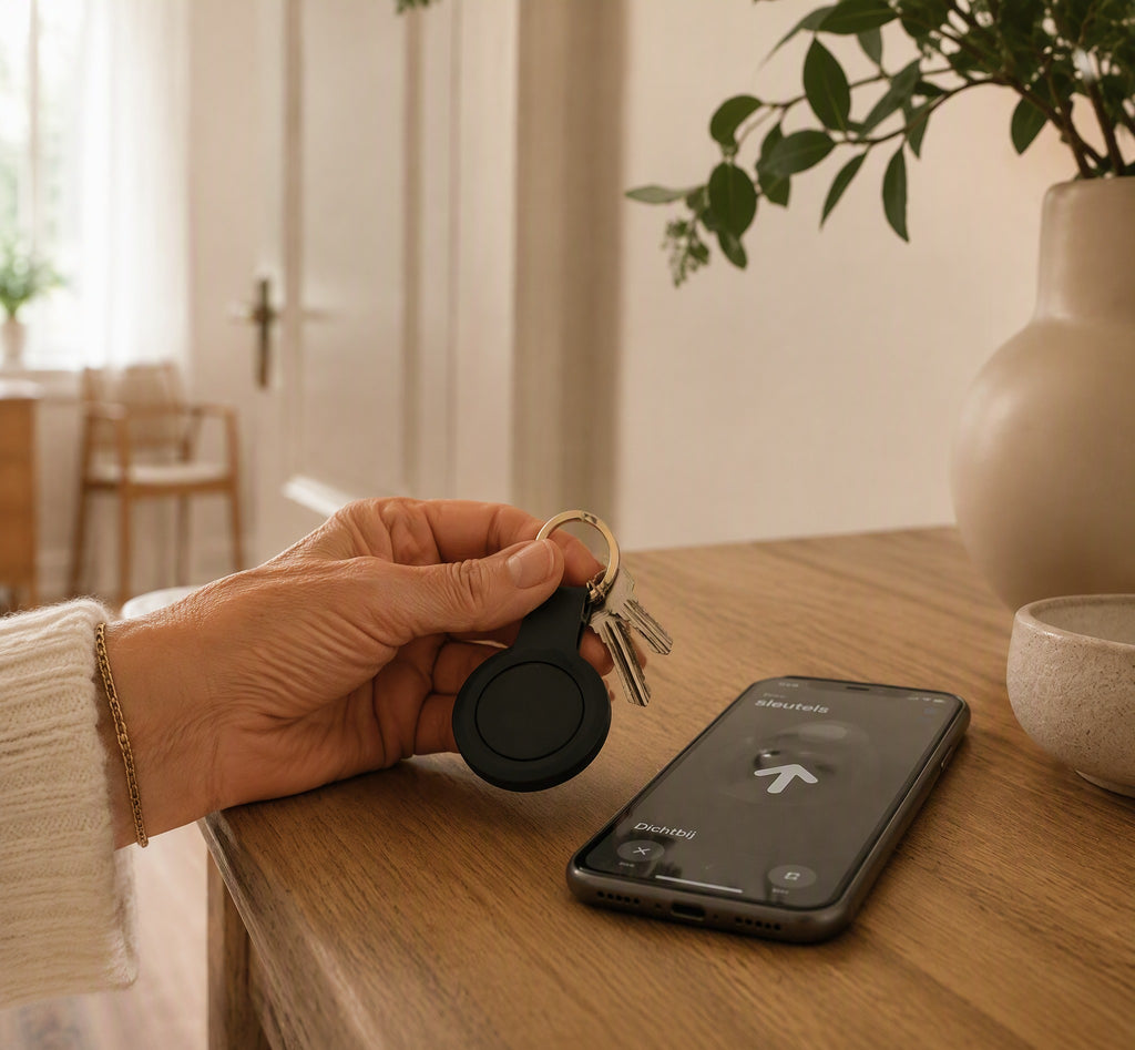 Bluetooth-sleutelvinder aan sleutelbos naast smartphone — warme Seniorslim huisstijl