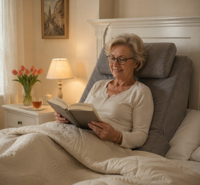 Senior dame zit comfortabel rechtop in bed op het traagschuim wigkussen en leest een boek